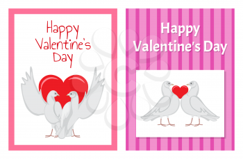 Gorgeous white doves couples in love with big red heart between or behind them isolated cartoon flat vector illustrations set for Valentines day.