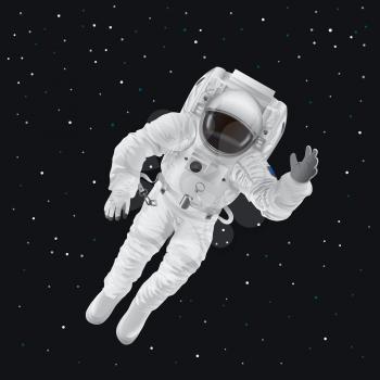 Spaceman in modern pressure suit out in space among shiny stars in dark sky cartoon flat vector illustration. Equipped cosmonaut in zero gravity.