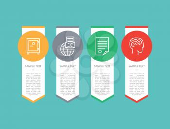 Infographic elements set, poster with text sample and icons of paper and report, message and globe, human and brain, isolated on vector illustration