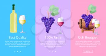 Best quality 100 taste rich bouquet set of posters vector illustration in winemaking concept. Assortment of viticulture products set, place for text