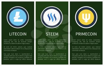 Cryptocurrency icons on vertical promo posters set. Blue litecoin, white steem and yellow primecoin on green background cartoon vector illustrations.