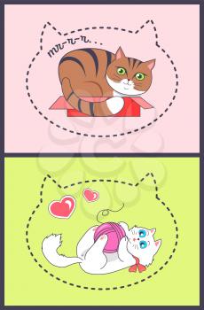 Posters with silhouette of big kitten head and hearts, white and brown cats playing with woolen thread ball, sleep in box, vector dedicated to cat day