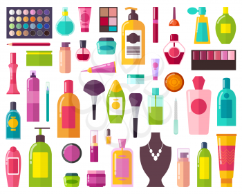 Beauty means and decorative cosmetics collection. Expensive lotions and moisturizers, professional makeup tools cartoon vector illustrations set.