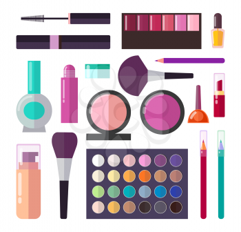 Professional decorative cosmetics set. Black mascara, bright eyeshadows, pink blushers, skin foundation, and colorful eyeliners vector illustrations.