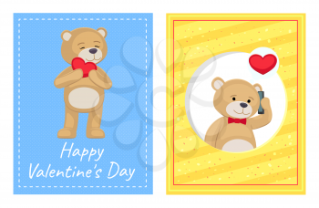 Happy Valentines Day posters set with plush bear toy speaking on telephone with his love, holding heart in hands Valentine s Day vector illustrations