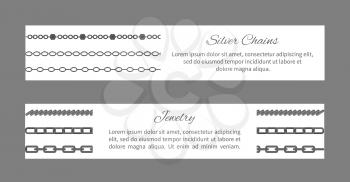 Silver chains and jewelry, cards set with headlines and text sample, ornaments and types of jewellery items, vector illustration isolated on grey