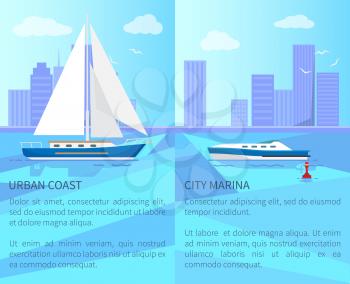 Urban coast and city marina vector illustration with black text sample, sail boat and speed vessel, set of skyscraper, cute clouds and white seagulls