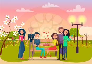 Couple that holds hands together, girl and boy with ice cream and boyfriend makes present to his girlfriend on bench vector illustration.