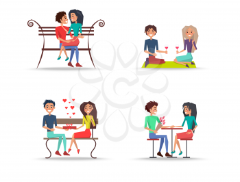 Set of four couples in love on white background. Pair of lovers sits at table and bench, holds glasses with wine and red gift vector illustration,