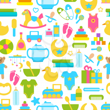 Toys for children seamless pattern consisting of items for babies and kids cars and horses, suit and pins with soother bottle and comb, vector illustration