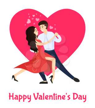 Happy Valentines day poster boyfriend and girlfriend dancing tango, hearts over heads, happy couple in passion dance looking in eyes, vector on heart