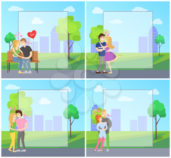 Boy and girl hugging with hearts showing love and passion, on wooden bench vector in green park, rural landscape with trees and bushes posters set