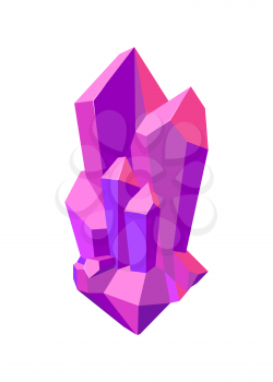 Purple bright shiny uncut sharp crystals with uneven sides in one big cluster isolated cartoon cartoon flat vector illustration on white background.