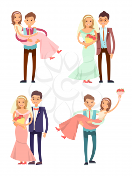 Married couples collection, man holding woman in hands, bride with hairstyle wearing pink dress and groom dressed in suit, vector illustration