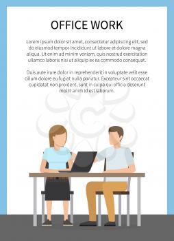 Office work colorful poster vector illustration of two sitting over table employees with laptop and discussing some ideas, text sample, blue frame