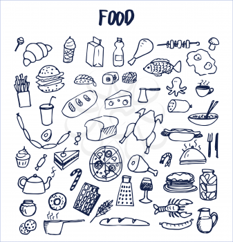Many food pictures hand drawn vector illustration with chicken cheese fish hot-dog sushi pizza cake sweets ice-cream bread coffee and other dishes