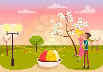 Man in love holding blonde woman on sunset in park vector illustration. Blossom tree, green grass, color flowerbed and lights at spring