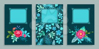 Set of covers with floral pattern, flowers and petals, leaves and frames, banners vector illustration, isolated on grey background