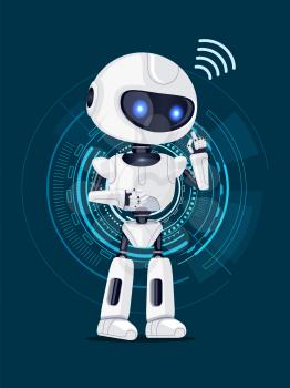 Robot of white color and shining eyes with icon meaning connection and interface with circles on background, poster isolated on vector illustration
