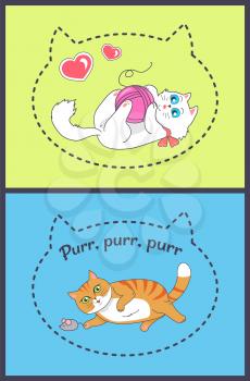 Set of cute banners with playing cats vector illustration of white and orange kittens with blue and green eyes that are having fun with ball and mouse.