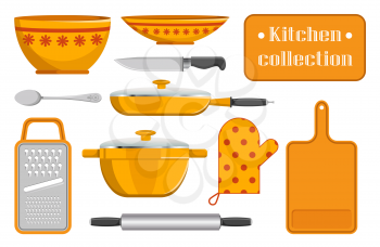 Varied sketches of kitchen appliance color poster of orange plates with cute pattern, frying pan with glass lid rolling pin and knife, spoon and grater
