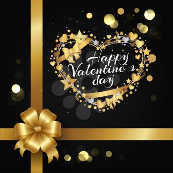Happy Valentines Day poster with heart made of decorative bow, golden stars, sparkling elements on black background with decorative ribbons in corner