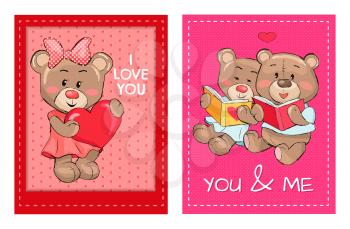 I love you and me teddy bears reading books with heart sign vector of stuffed toy animals with pink cheeks isolated, presents for Valentines Day