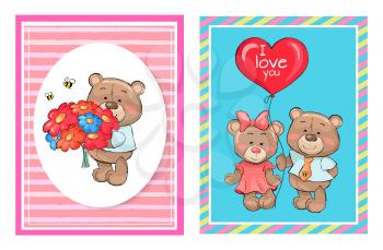 Teddy with bouquet of colorful flowers of pink and blue color and pair of bear toys with red heart shape balloon vector illustration posters set