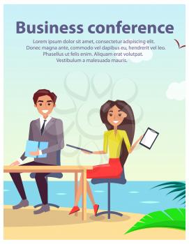 Business conference, poster with headline and text, people sitting by table and representing report, beach and sea, isolated on vector illustration