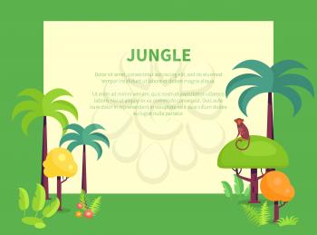 Jungle banner with place for text, green palms, tropical exotic trees with monkey sitting on bamboo tree, flowers and bushes