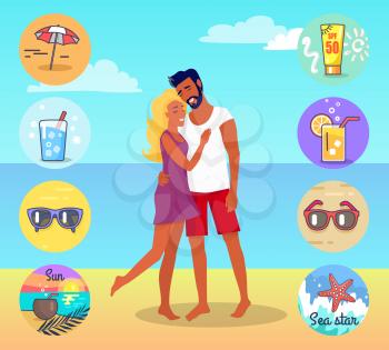 Hugging couple standing on beach with summer attributes for relaxation in circles around vector colorful illustration in flat design