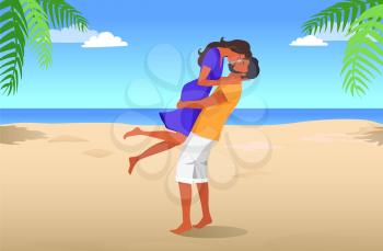 Couple on date at tropical beach with tall palms, blue ocean, white sand and sky with clouds. Man lifts girlfriend and kisses her vector illustration.