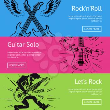 Let s rock n roll guitar solo set of posters with text. Vector illustration of electric guitars, pair of wings and rocker playing musical instrument