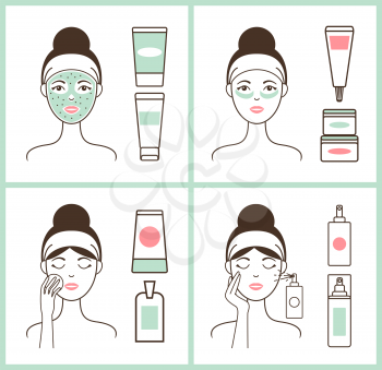 Girl applying creams, posters set with female and essences in tubes and bottles, skin care for woman, vector illustration isolated on white background