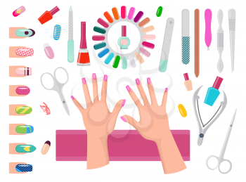 Female hands with pink nails and manicure tools. Sharp scissors and files, bottles of polishes and samples isolated cartoon flat vector illustrations.