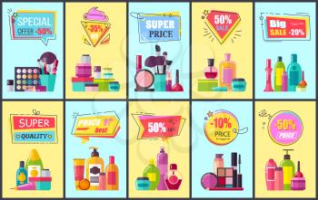 Special offer with low price for cosmetic means and makeup tools promotional posters set. Great discount for lotions and creams vector illustrations.