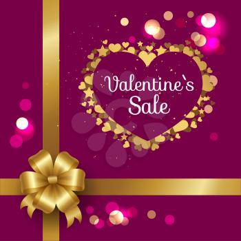 Happy Valentines Day poster with heart made of decorative bow, golden stars, sparkling elements on pink background with decorative ribbons in corner