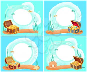 Treasures placed in chest, placed down at bottom of sea, water with fish, coins and diamond, starfish and pearl, vector illustration isolated on blue