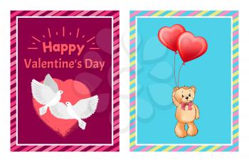 Valentines Day postcards with white doves and heart silhouette, toy bear which holds balloons in heart shape cartoon flat vector illustrations set.