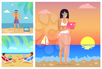 Set of summer time banners, vector illustration of smiling girl with pink gadget standing on evening beach, speaking by phone man, working pair