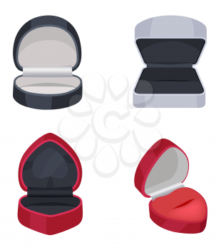 Various ring boxes flat vector icons set. Round, rectangular and heart shaped empty cases for precious rings illustrations isolated on white