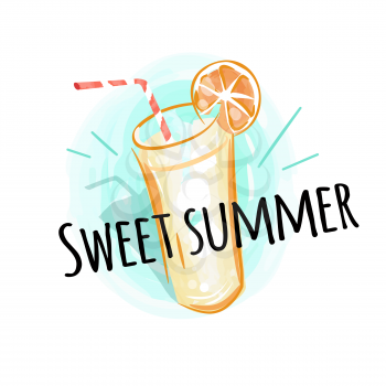 Sweet summer background with refreshing drink, glass of cold beverage with ice, striped straw and juicy orange and exotic leaf nearby vector background