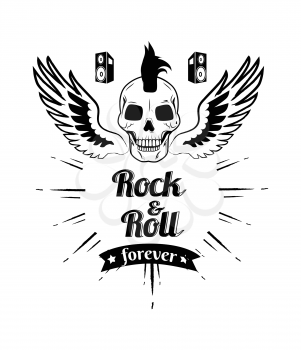 Rock n roll forever, image of skull with punk hairstyle and wings, loudspeakers and title below picture, lines as decoration vector illustration