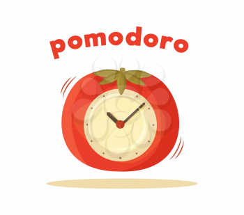 Pomodoro clock card colored vector illustration of interesting watch situated in tomato case two pointers, alarming timer isolated on white background