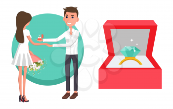 Proposal of boyfriend, poster with man holding ring with diamond and happy surprised girl, box and jewelry, isolated on vector illustration