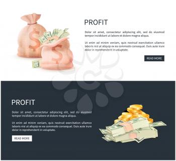 Profit web posters set with sacks full of money vector illustration of bag with dollar banknotes and golden coins, pages with read more buttons and text
