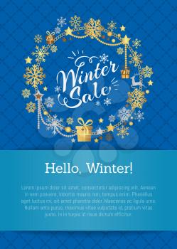 Hello winter, sale poster in decorative frame made of silver and golden snowflakes, snowballs of gold in x-mas border on blue with place for text