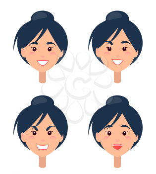 Emotions on womans face. Brunette female character with facial expressions of happiness and anger isolated cartoon flat vector illustrations set.