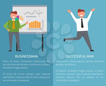 Businessman and successful man, two columns with text sample for giving your own text and icons of happy male on meeting vector illustration