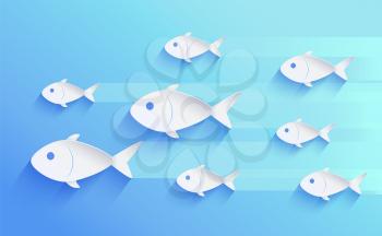 School of fish silhouette isolated on blue. Set of white different size fingerlings swimming one way, leaving shadows behind, vector illustration